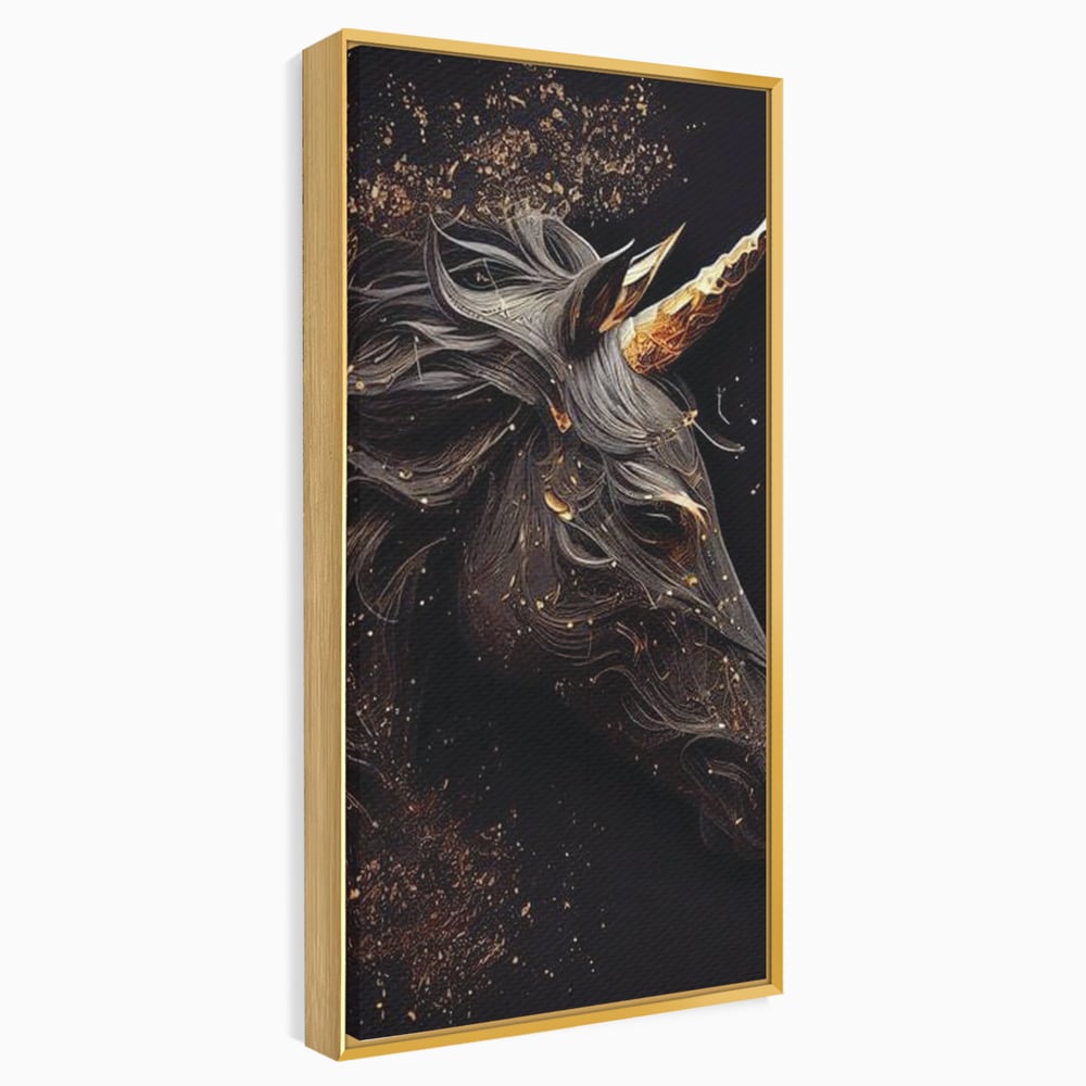 Tablou canvas cu portret de unicorn negru cu detalii aurii, in rama de aluminiu auriu